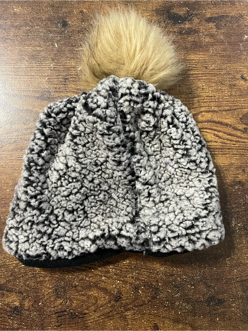 Justice Kids Taupe Faux Sherpa Beanie with Tan Pom and Pink Logo